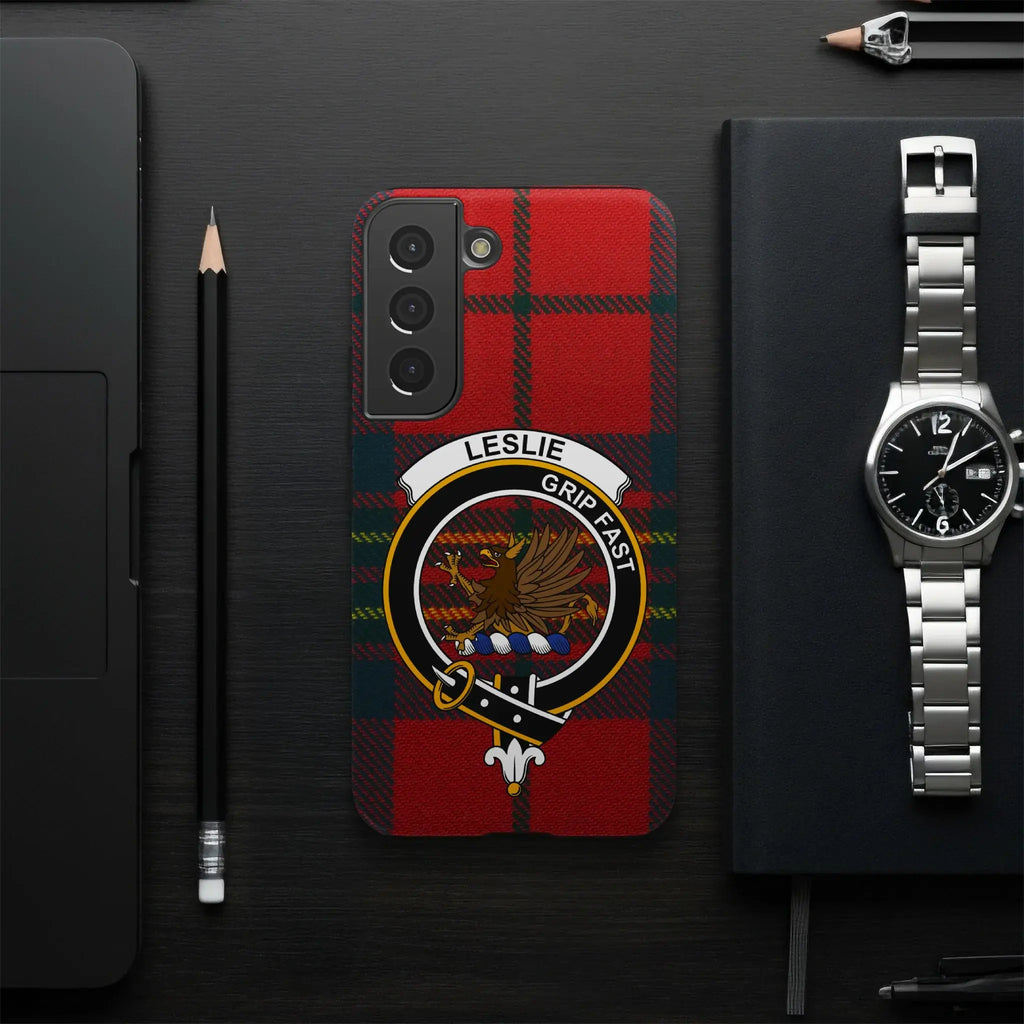 Leslie crest Grip Fast tartan phone case — slim profile, precise port cutouts