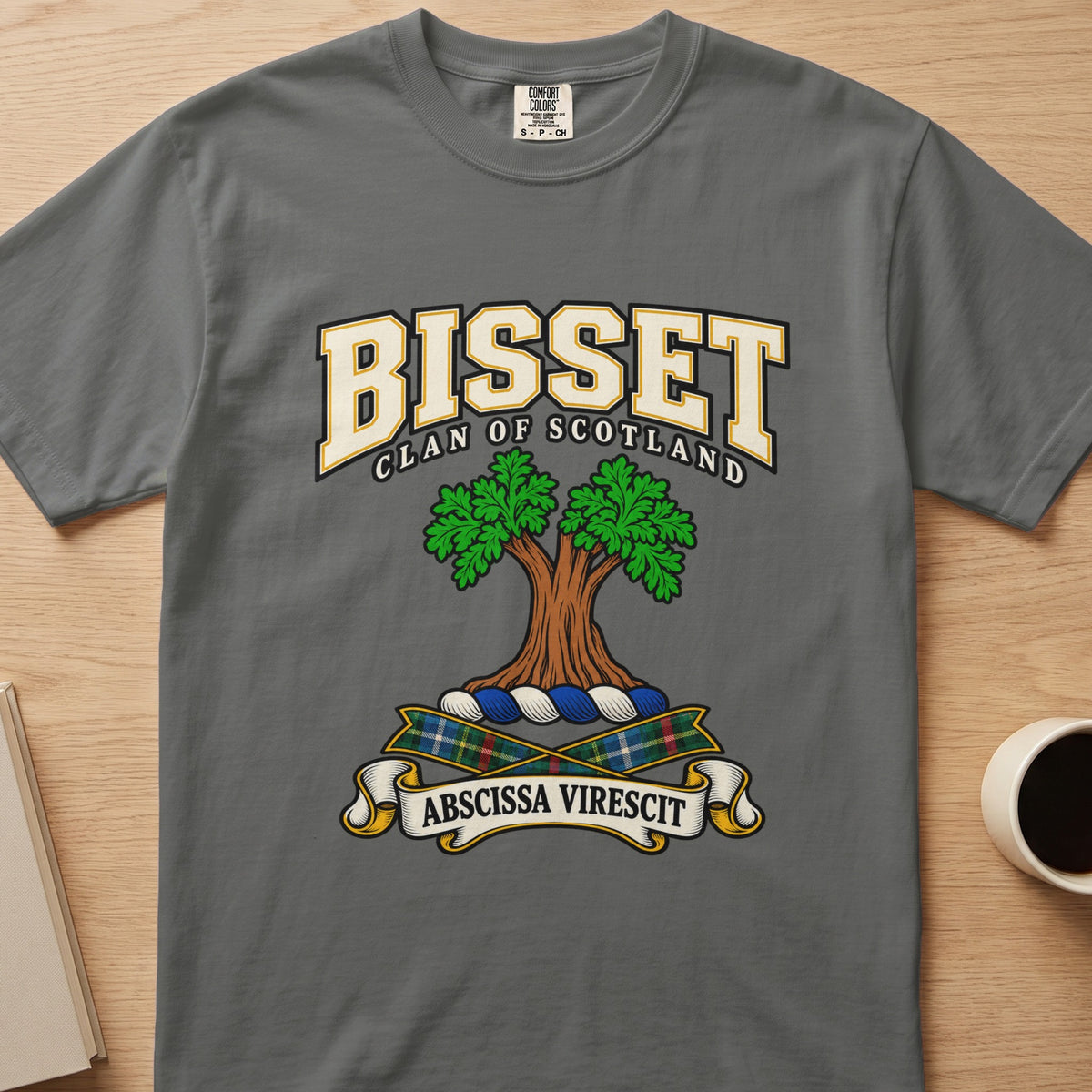 Bisset double-canopied green tree crest graphic on a charcoal gray Comfort Colors T-shirt, front view