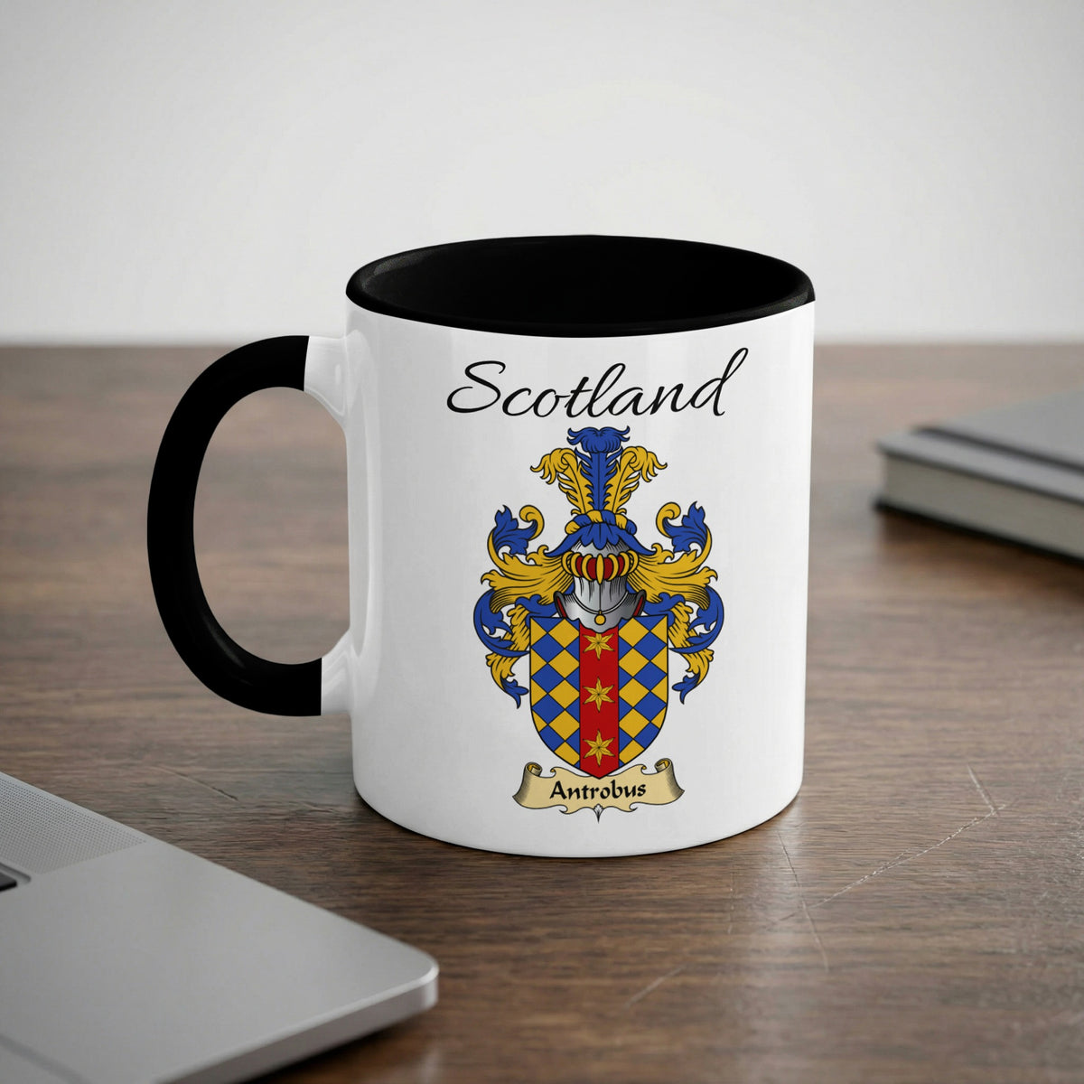 Antrobus Scottish family crest accent mug with Scotland lettering and coat of arms artwork