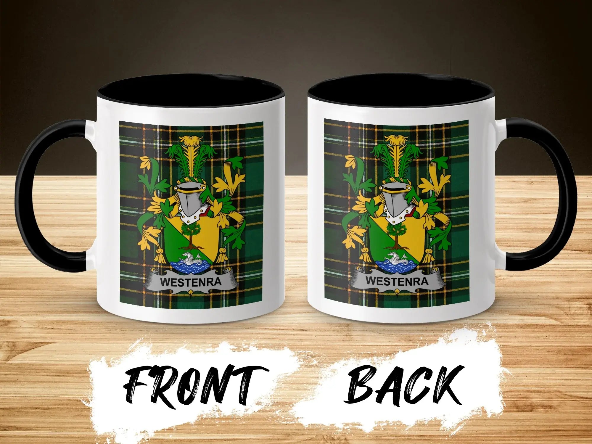 Westenra coat of arms on a black and white ceramic mug, front and back views.