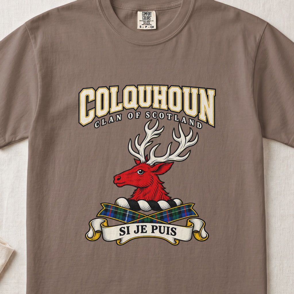 Colquhoun Scottish clan graphic T-shirt in Espresso, front view