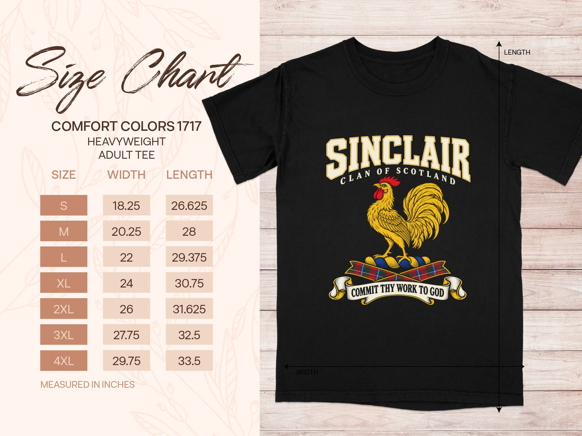 Comfort Colors 1717 size chart with shirt width and length in inches for sizes S to 4XL, beside the Sinclair design.