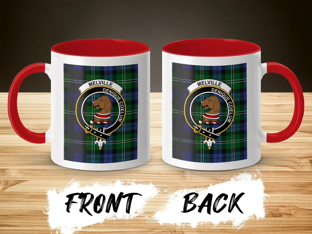 Clan Melville Denique Coelum tartan mug — glossy ceramic, navy accent handle, 11 oz