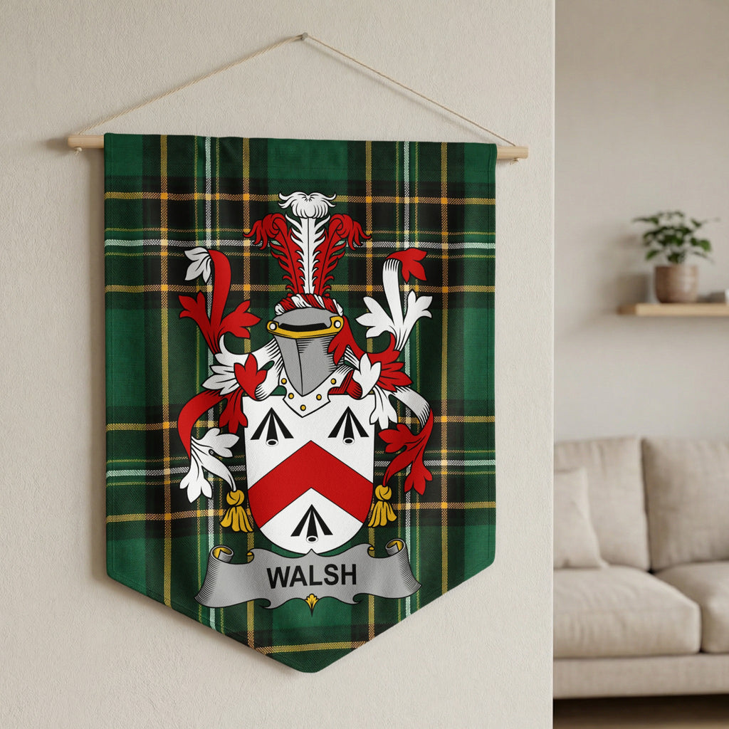 Green tartan pennant featuring the Walsh family crest with text.