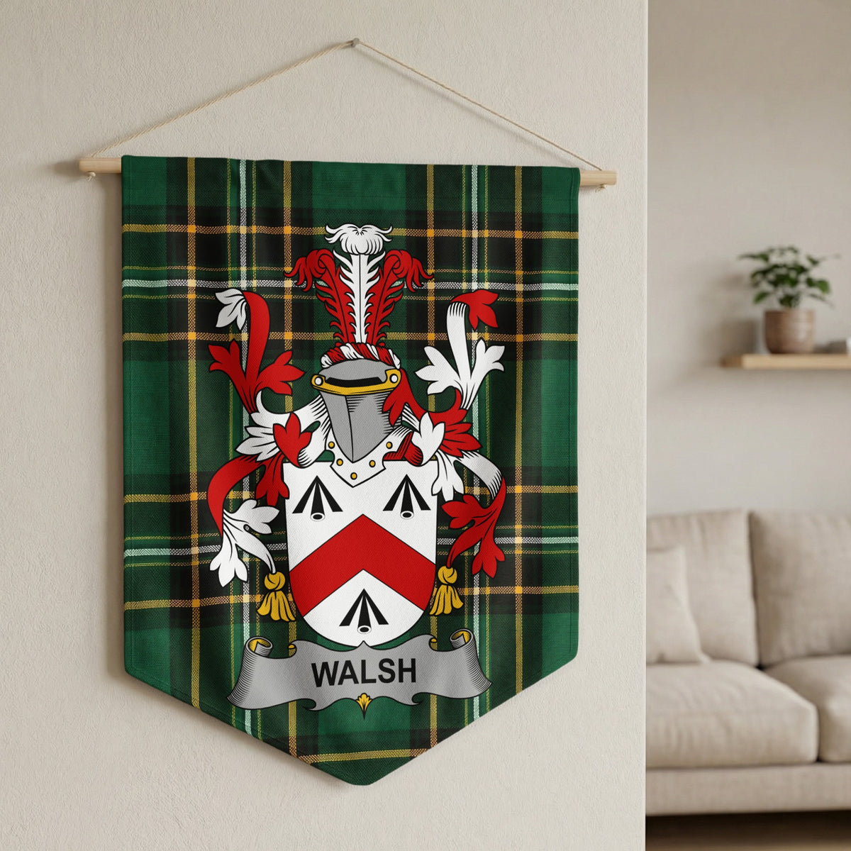 Green tartan pennant featuring the Walsh family crest with text.