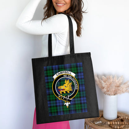 Campbell clan crest on scottish tartan tote bag - Living Stone Gifts