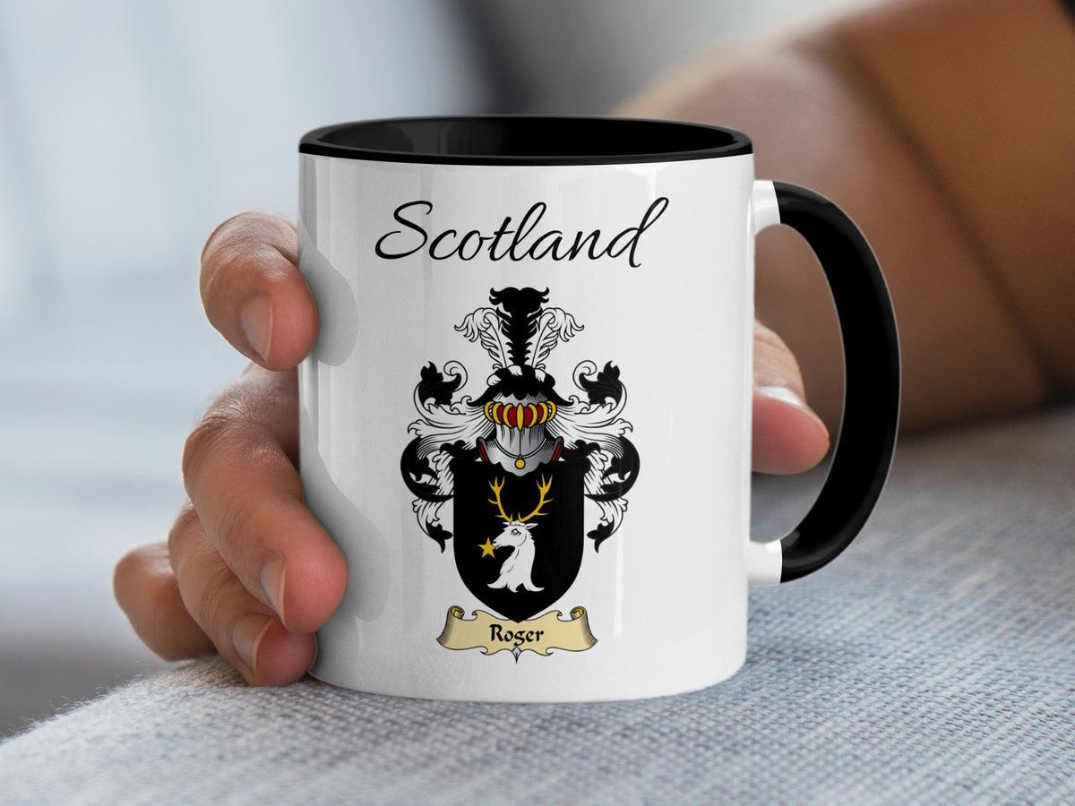 Roger Scottish family crest accent mug with Scotland above the coat of arms design