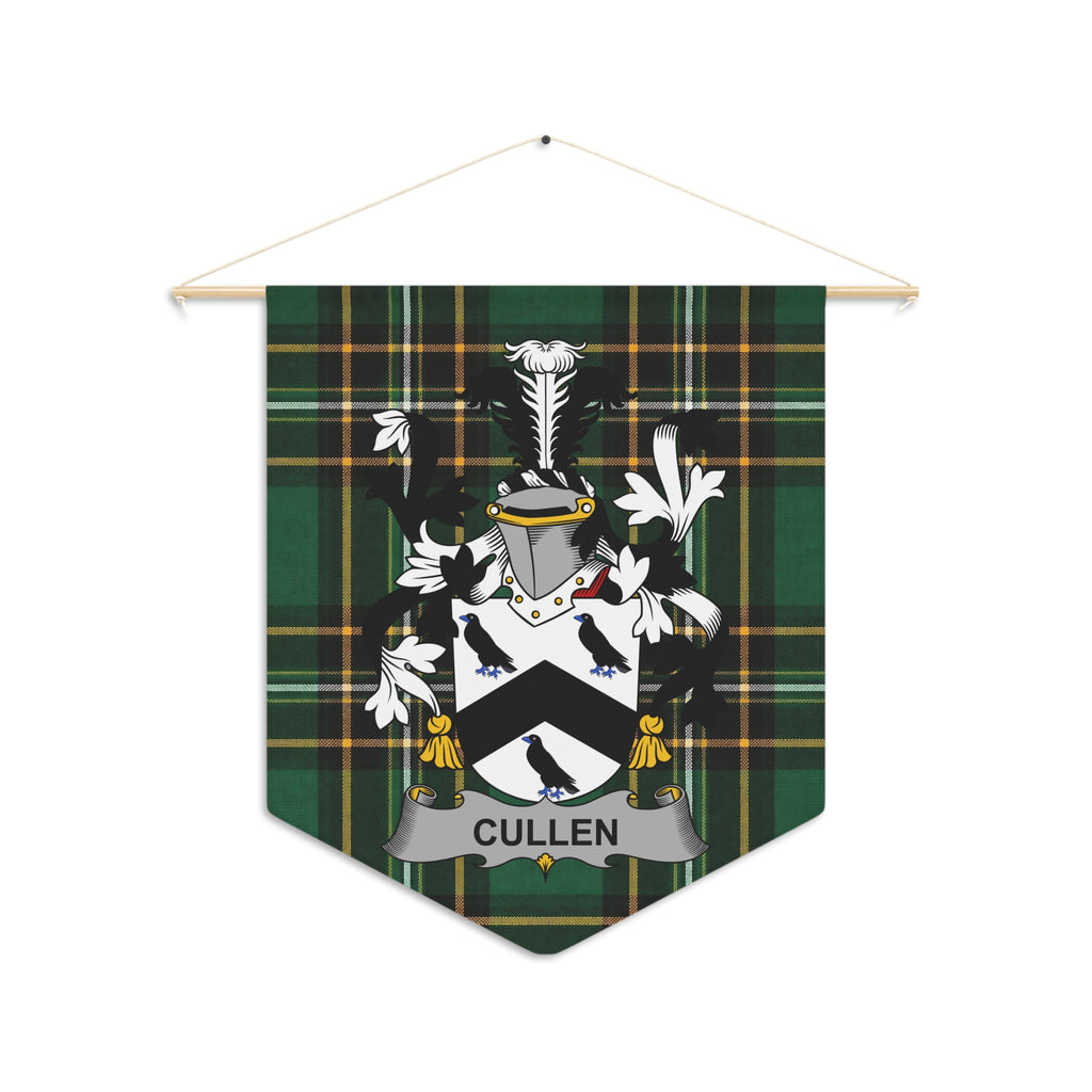 Cullen family crest on a green tartan pennant hanging from a wooden rod.