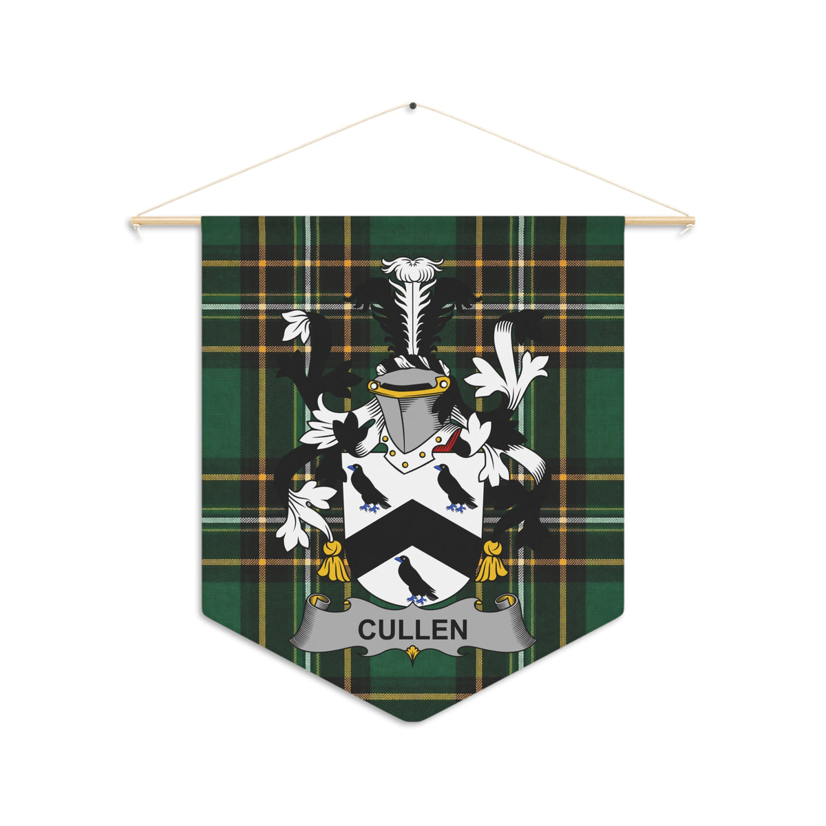 Cullen family crest on a green tartan pennant hanging from a wooden rod.