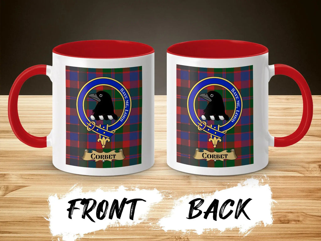 Corbet tartan-background crest mug shown as a Scottish heritage gift