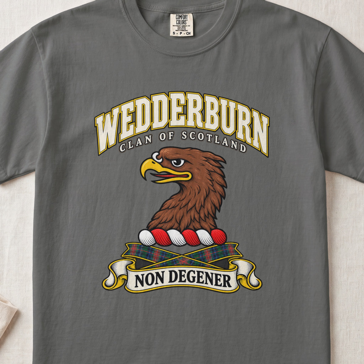 Wedderburn Scottish clan T-shirt in Pepper, front view with a brown eagle head and motto design.
