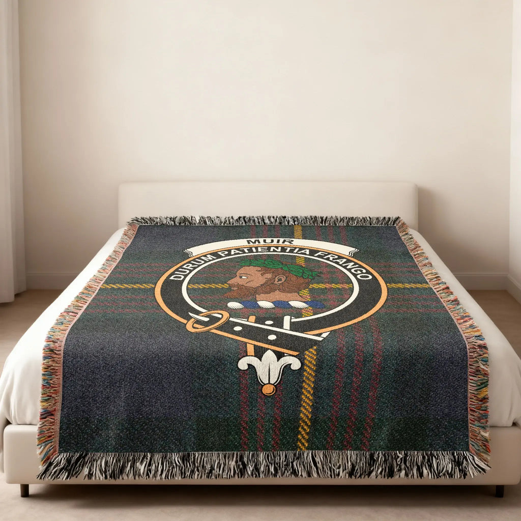 Muir clan crest tartan plaid woven blanket folded with fringe — Durum Patientia Frango cotton throw