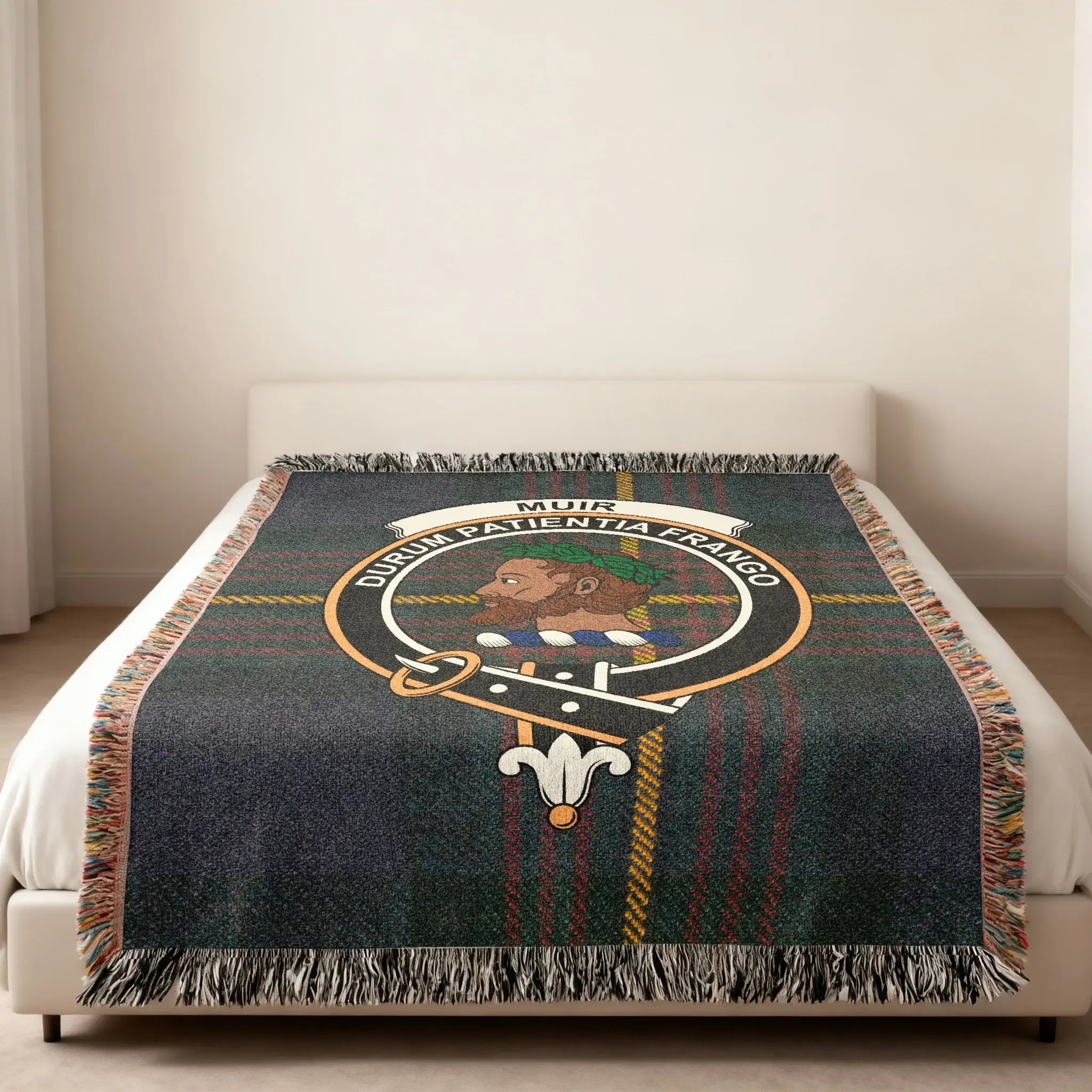 Muir clan crest tartan plaid woven blanket folded with fringe — Durum Patientia Frango cotton throw