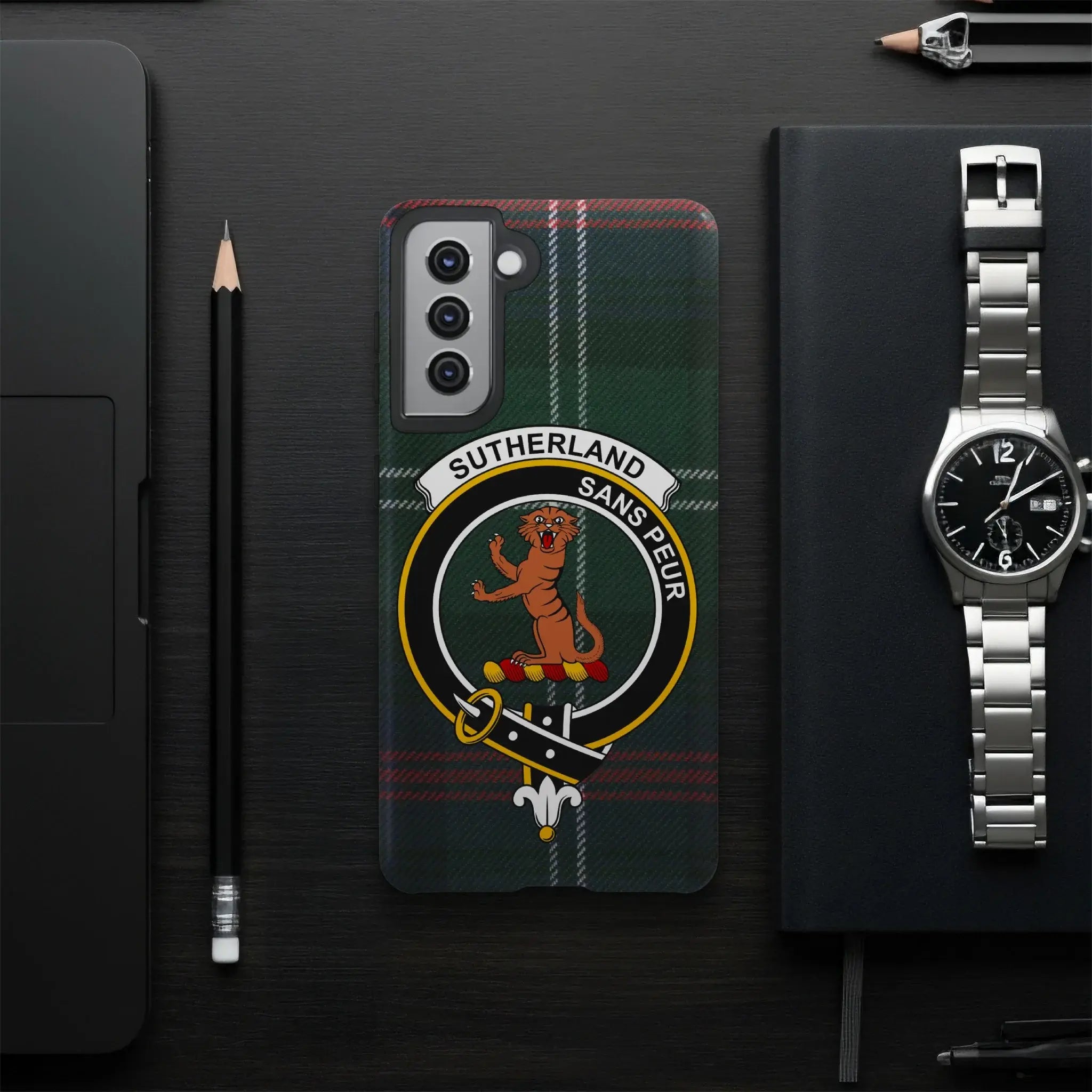 Sutherland sans peur clan crest phone case — tartan plaid, Samsung variant