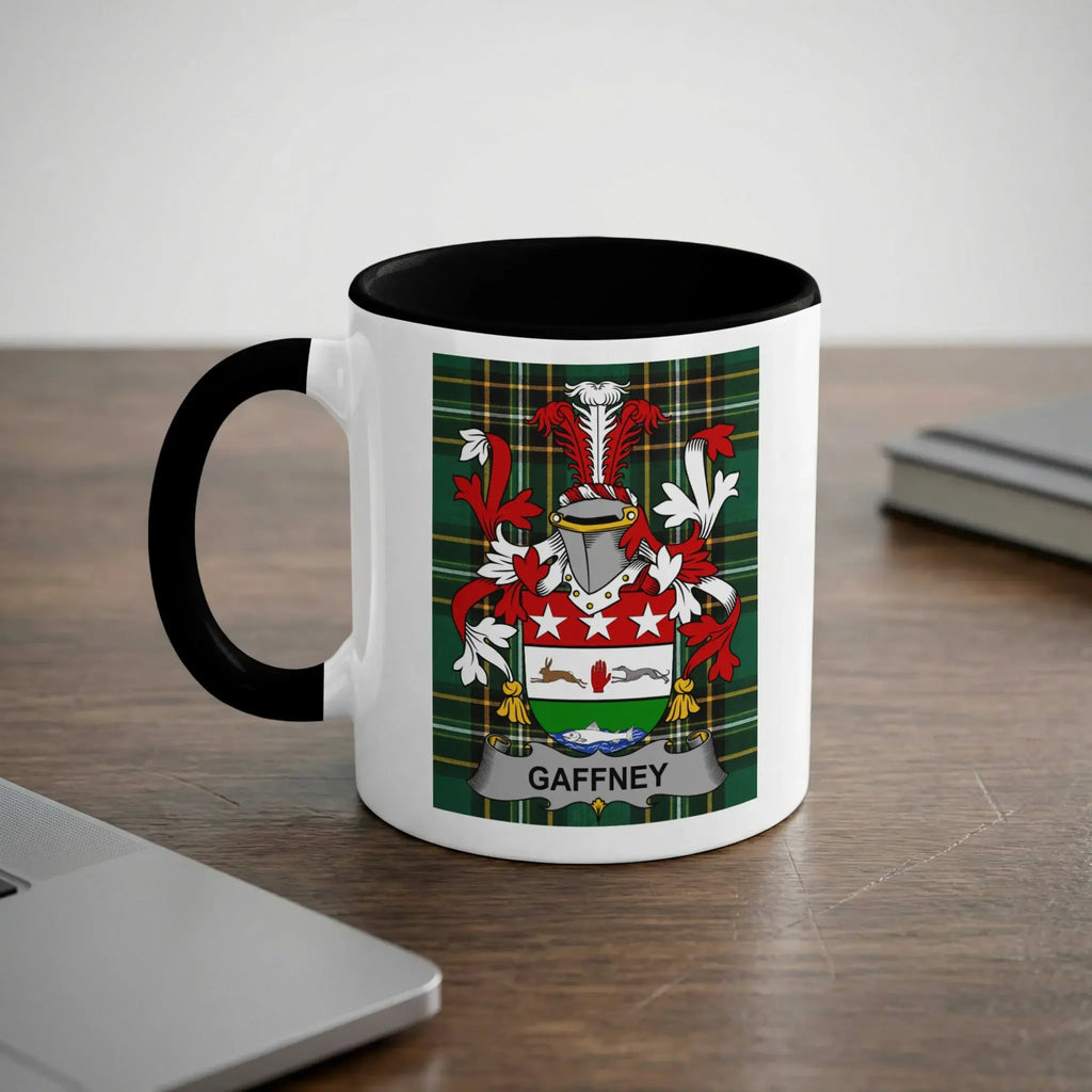 White mug with black rim featuring a family crest and "Gaffney" text.
