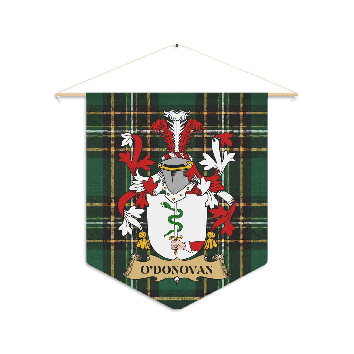 O'DONOVAN family crest on a green plaid pennant banner.
