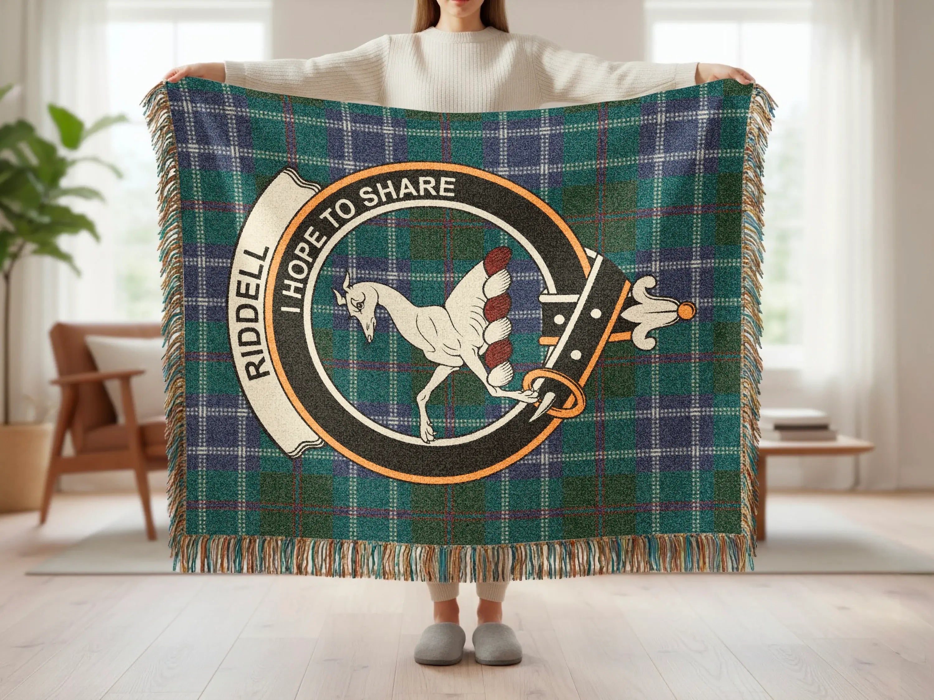 Riddell Hope to Share clan crest tartan woven blanket — cotton construction, fringe border