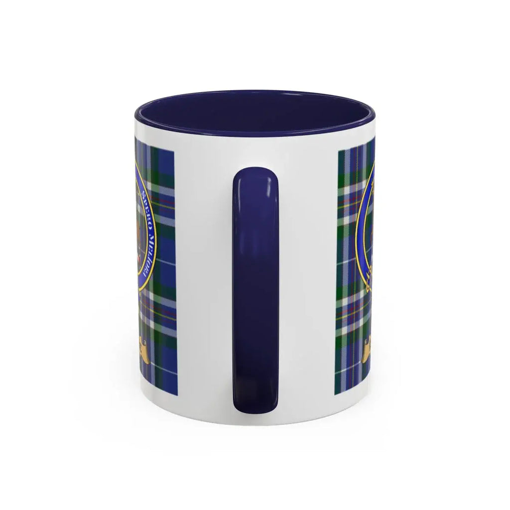 Navy and Green Plaid Pattern Ceramic Mug with Emblem
