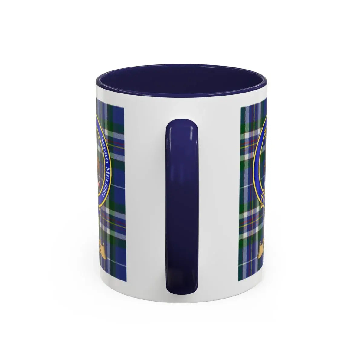 Navy and Green Plaid Pattern Ceramic Mug with Emblem