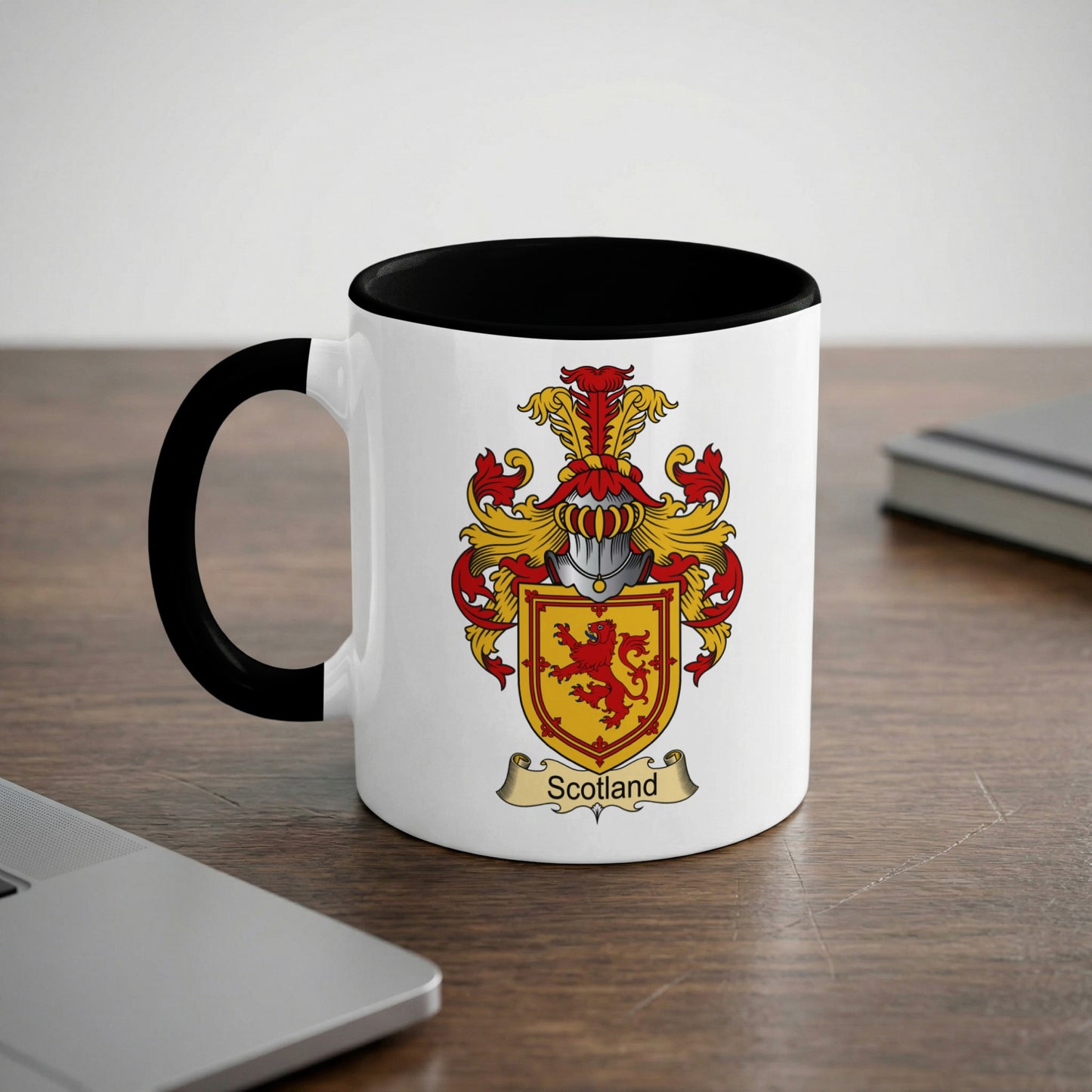 White mug with black rim featuring the Scotland coat of arms.