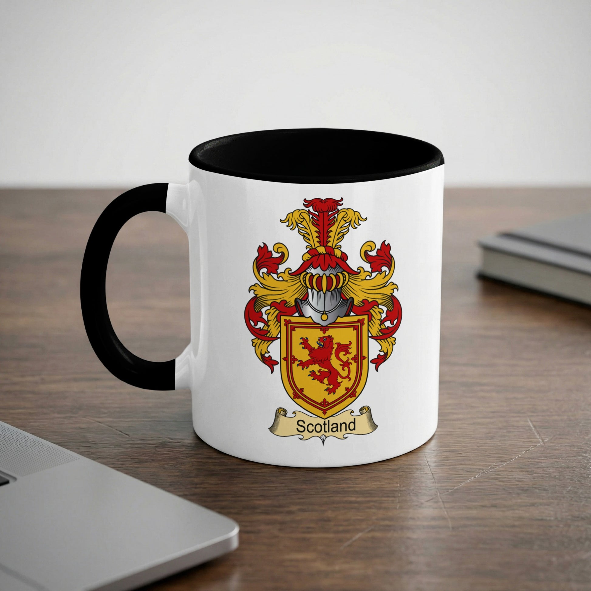 White mug with black rim featuring the Scotland coat of arms.