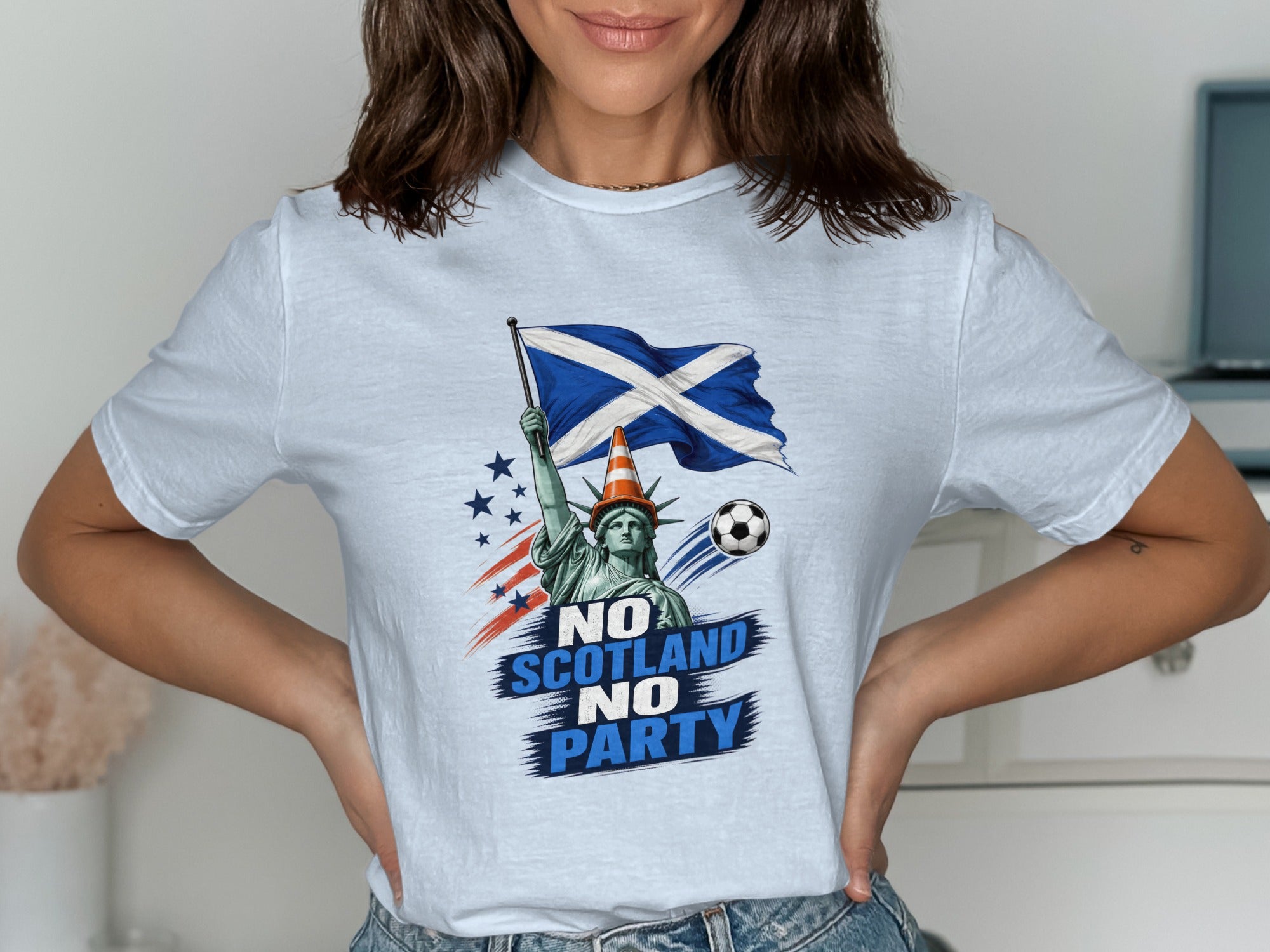 Statue of Liberty holding Scottish flag with "No Scotland No Party" text.