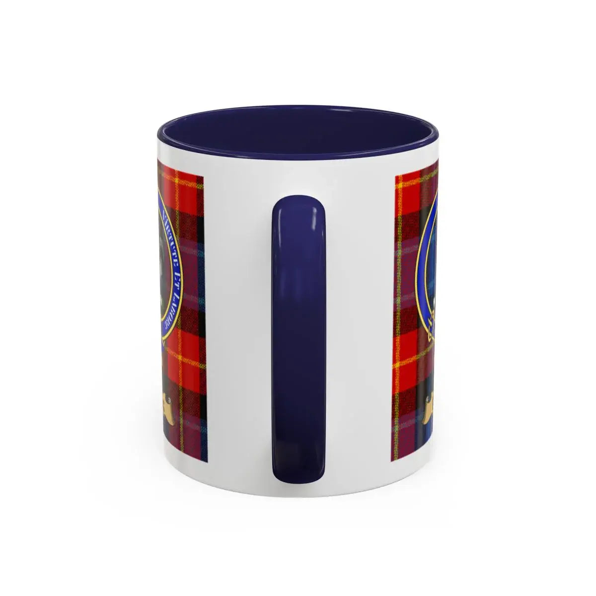 Navy Blue Plaid Mug with Emblem Design Coffee Mug