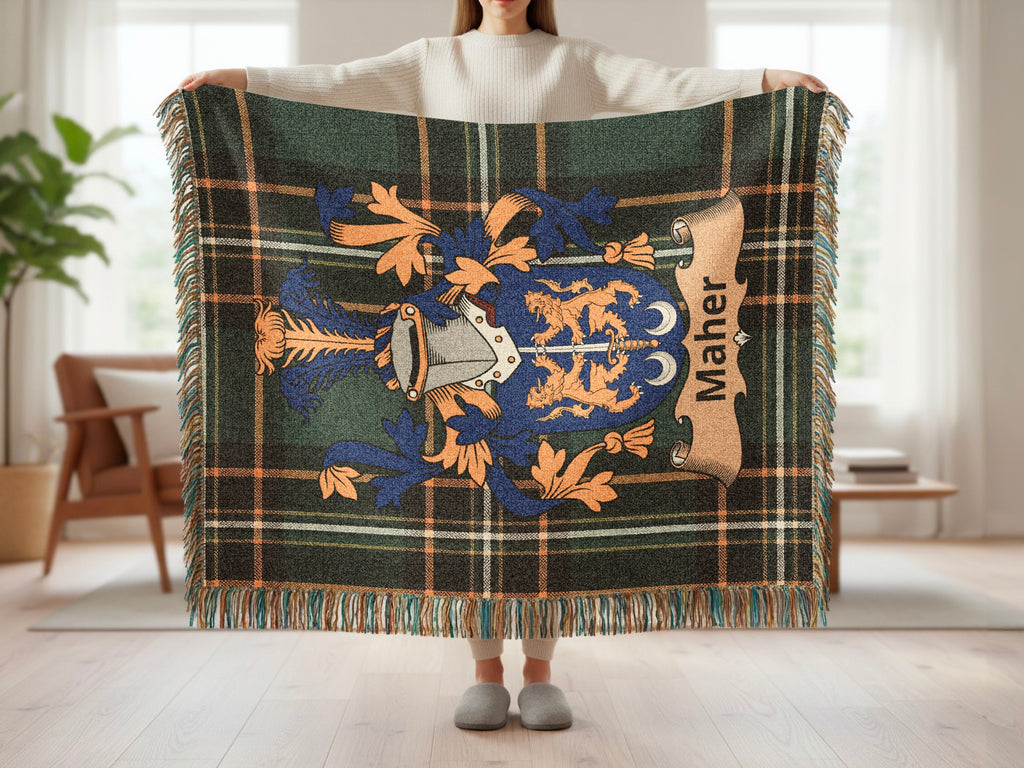 Maher family shield emblem woven throw with fringed edges