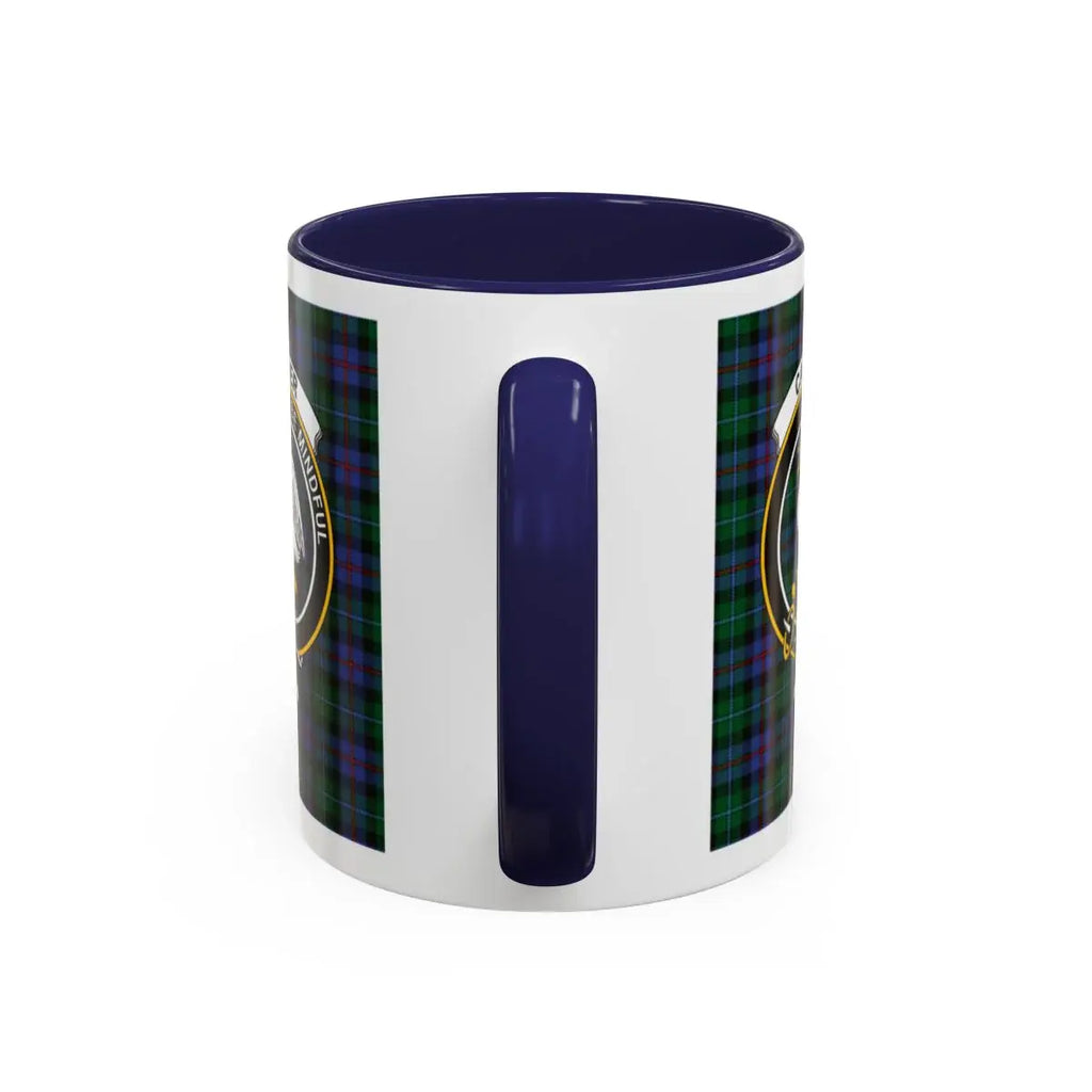 Clan Calder blue and green plaid tartan mug — swan crest design, accent handle