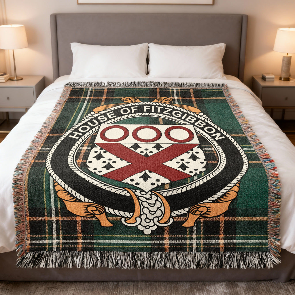 Fitzgibbon Irish National Tartan woven blanket with family crest emblem