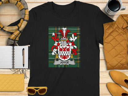 Joyce Family Crest on Green Tartan Background T-Shirt - Celtic Ancestry Gifts