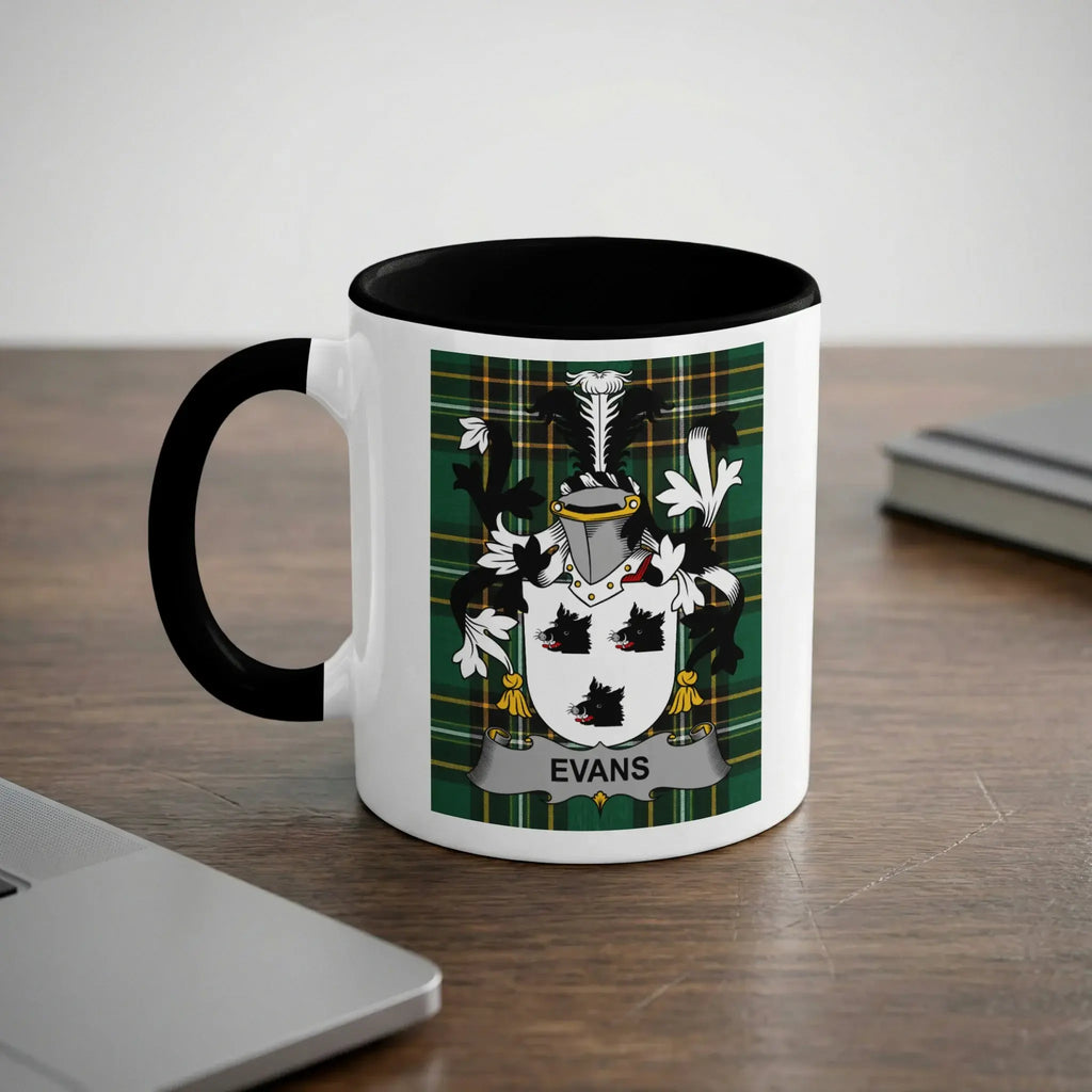 White mug with black rim featuring the Evans family crest.