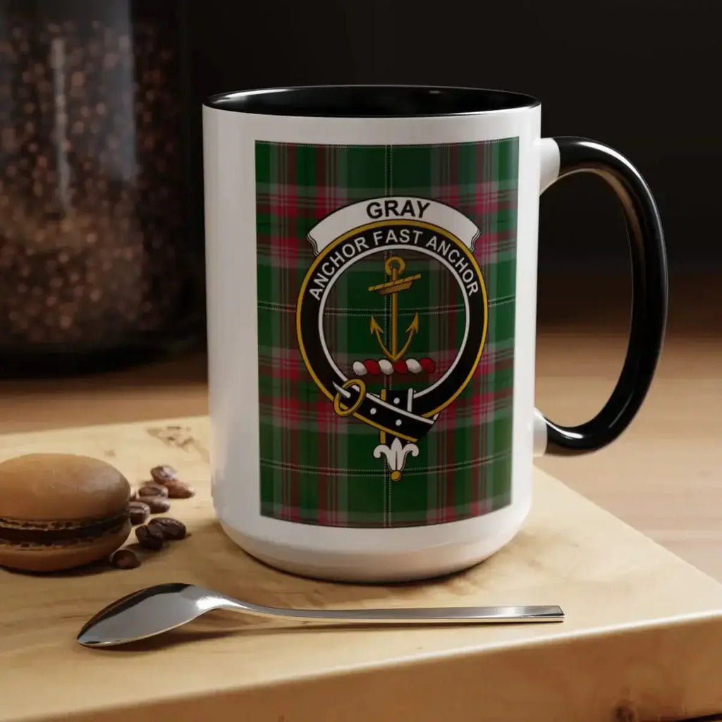 Gray clan tartan mug top-down view — interior and handle, Anchor Fast Anchor crest visible