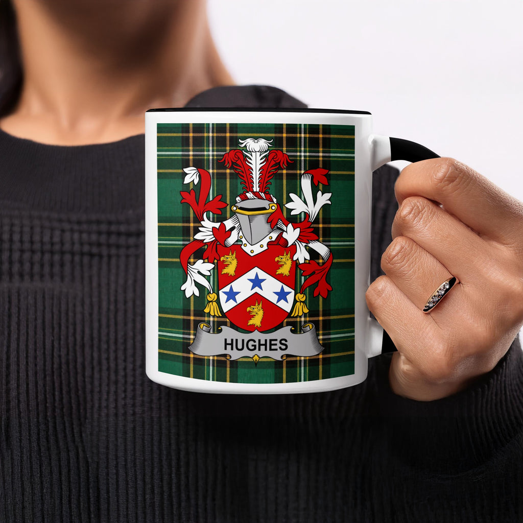 Hughes surname accent mug held in hand with Irish National Tartan design