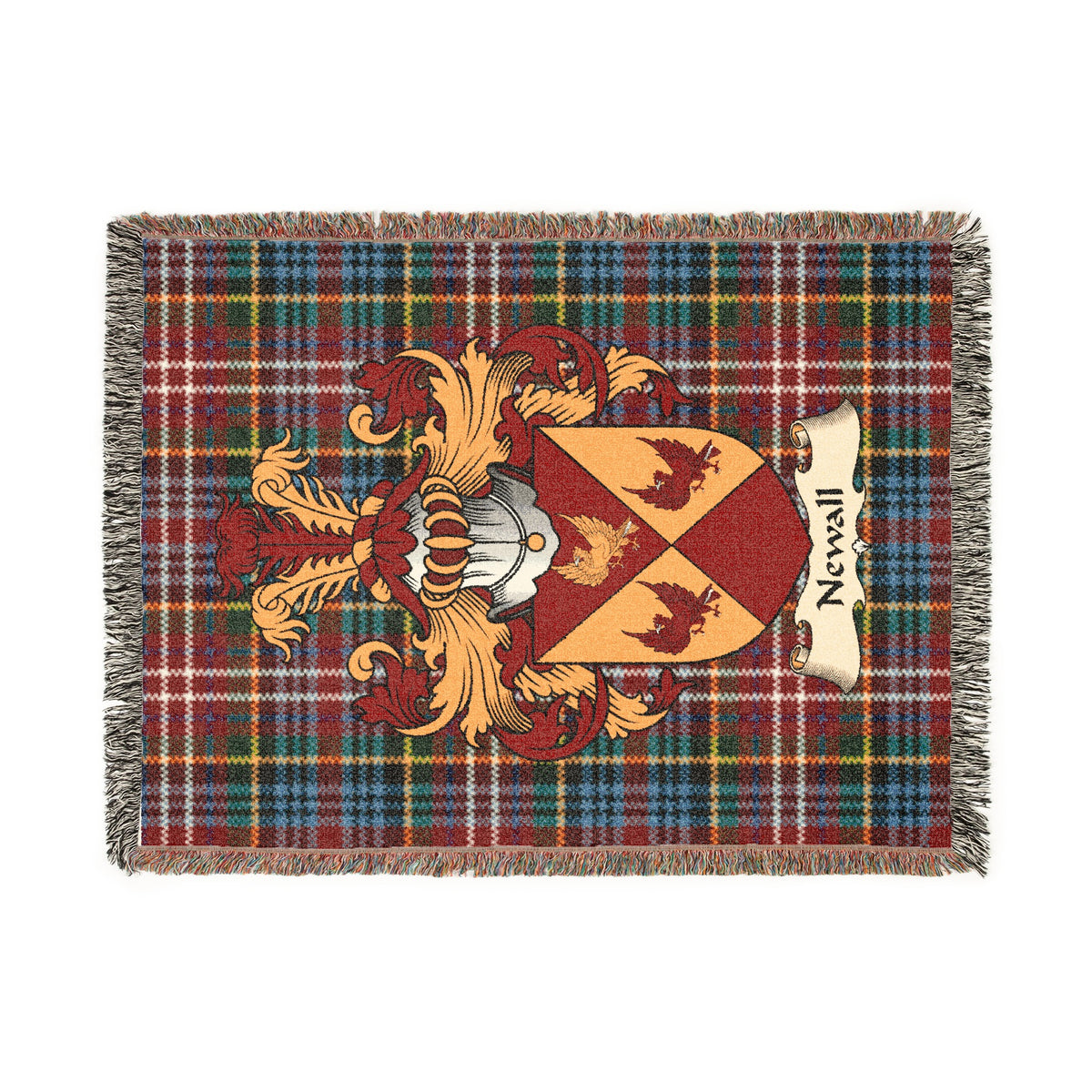 Newall Scottish woven blanket with family shield and Caledonia tartan background