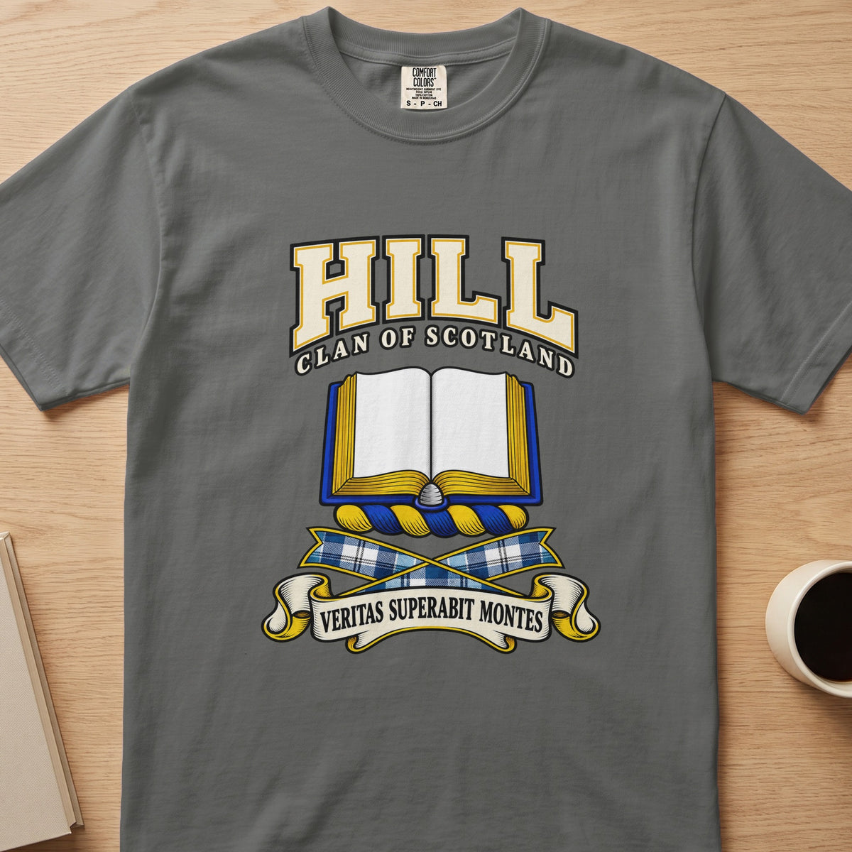 Hill clan T-shirt in gray, front view with open book with blue and gold edging