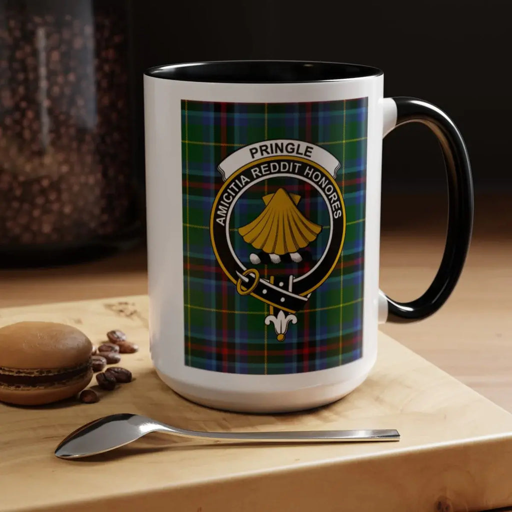 Pringle Amicitia Reddit Honores clan crest mug — 15 oz ceramic, red handle and interior