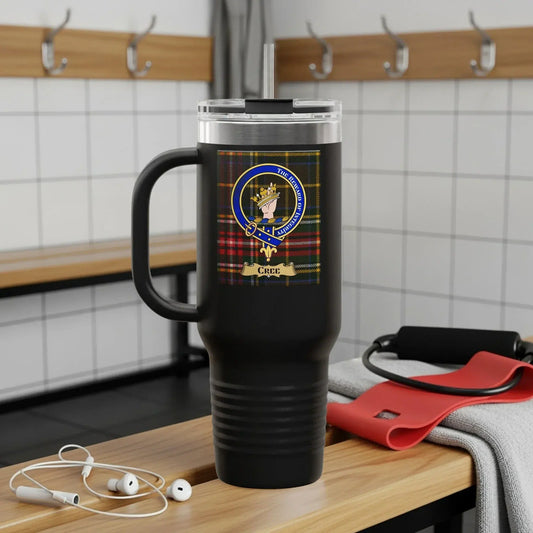 Sleek travel tumbler with unique emblem and pattern product