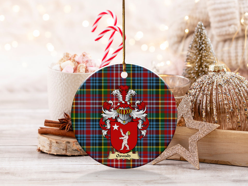 Double-sided Oswald ceramic ornament with family shield and Caledonia tartan background
