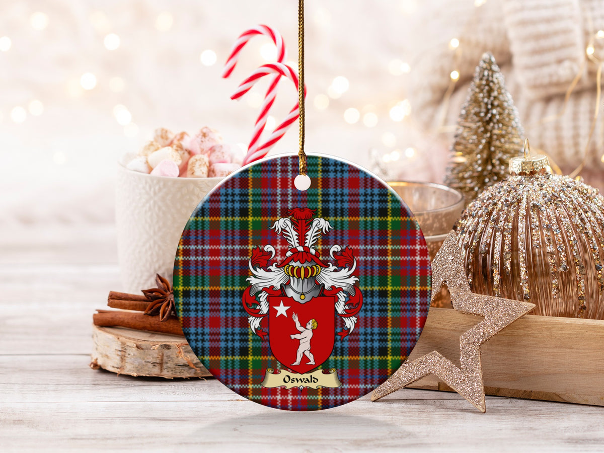 Double-sided Oswald ceramic ornament with family shield and Caledonia tartan background