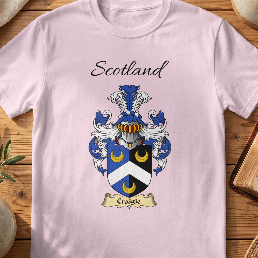 Light Pink Craigie Scottish family shield T-shirt featuring a white chevron and gold crescents on blue and black