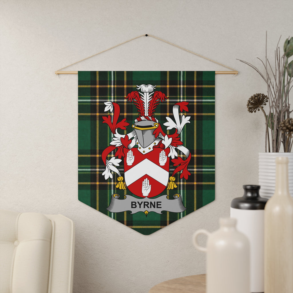 Byrne Irish Family Crest wall pennant with green plaid background