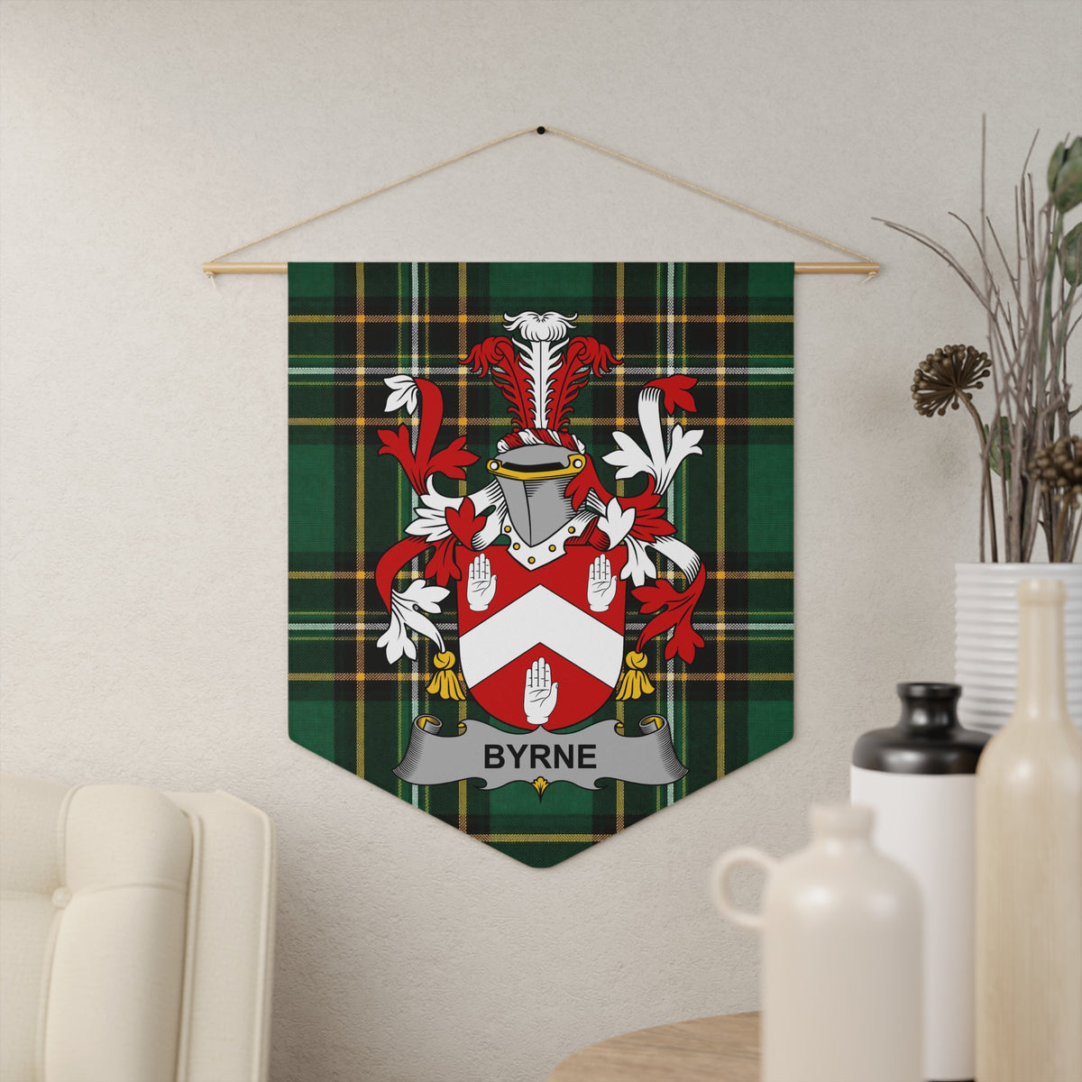 Byrne Irish Family Crest wall pennant with green plaid background