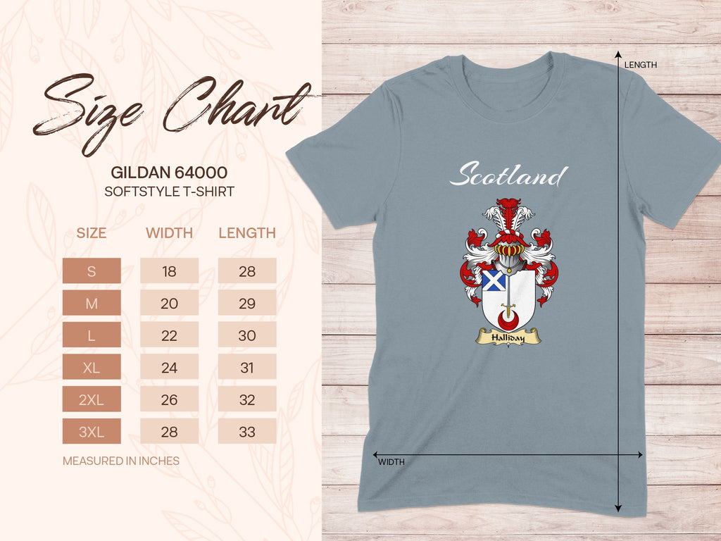 Gildan 64000 size chart for Halliday Scottish family shield T-shirt