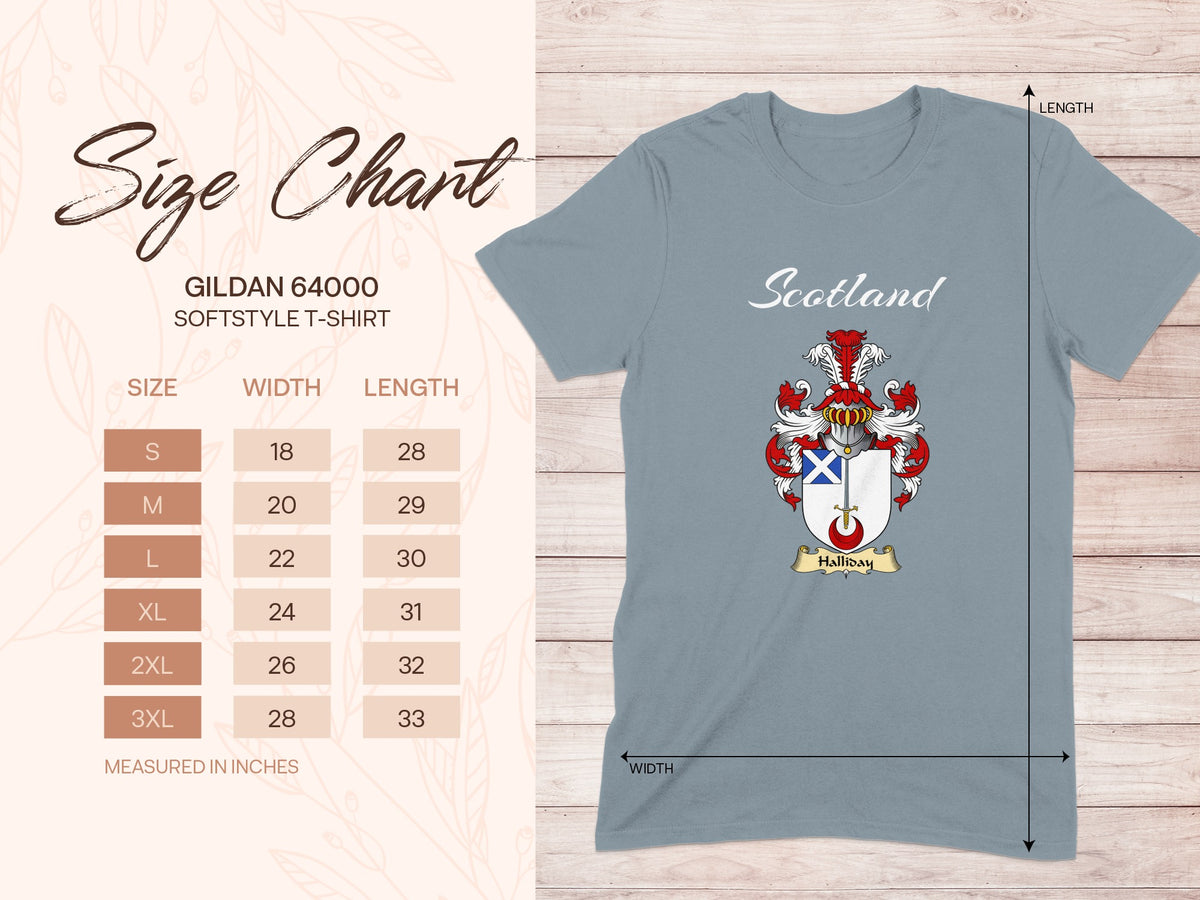 Gildan 64000 size chart for Halliday Scottish family shield T-shirt
