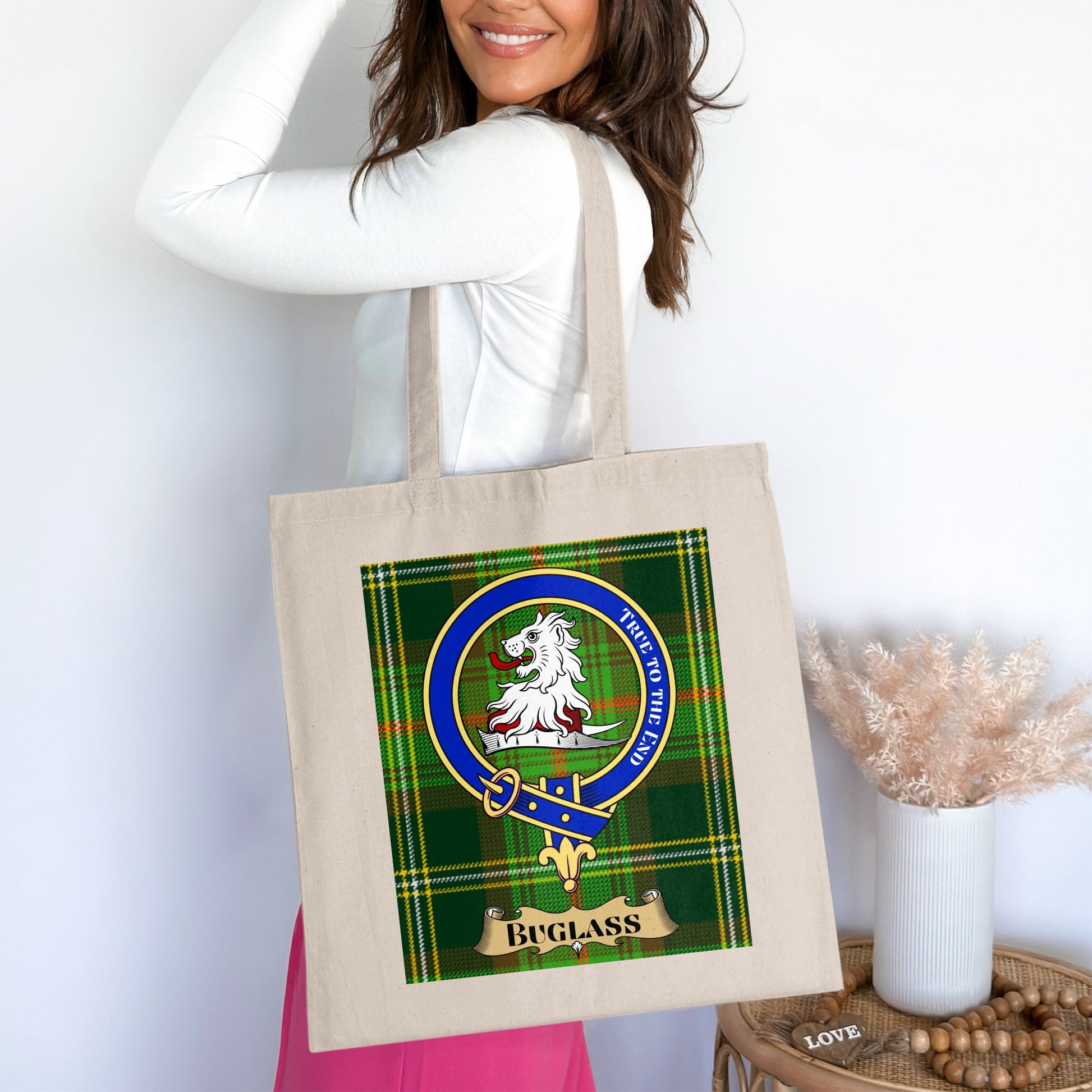 Buglass Clan Crest on Scottish Tartan Pattern Tote Bag - Living Stone Gifts