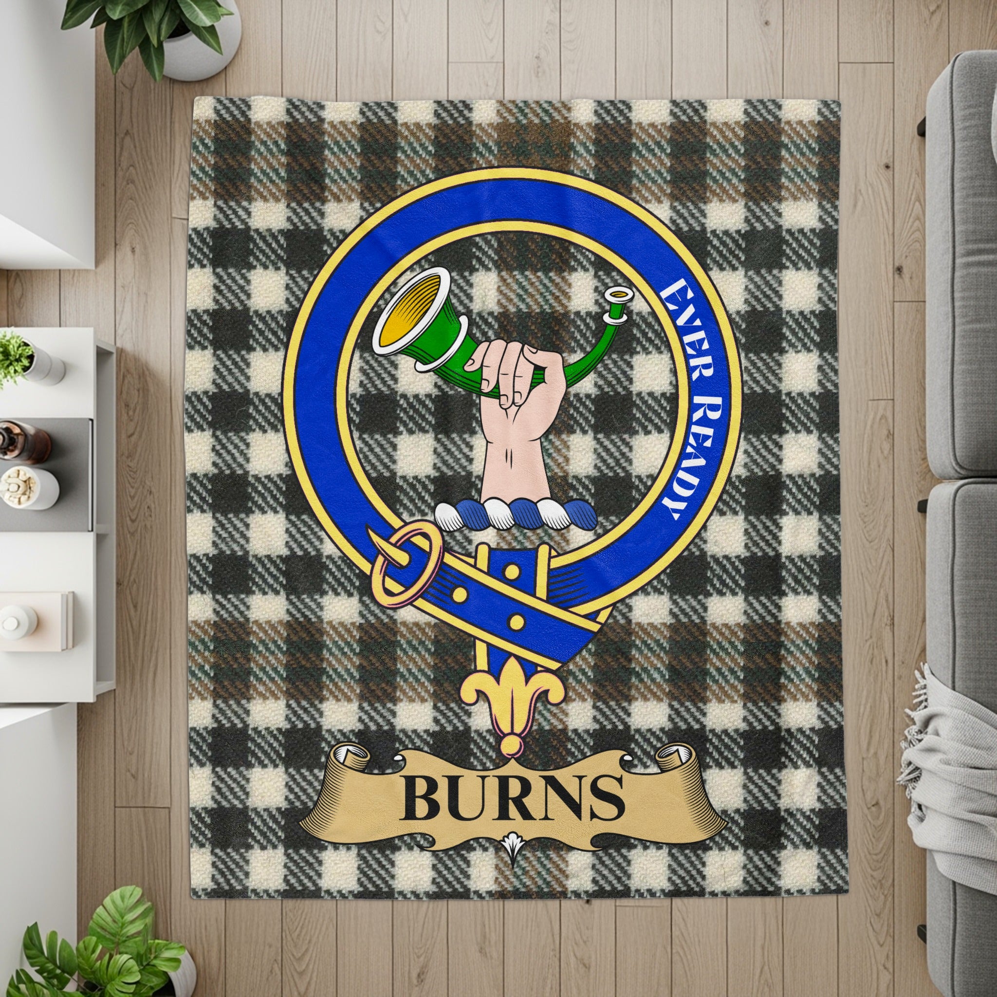 Burns crest and Ever Ready motto on tartan printed throw — flat lay