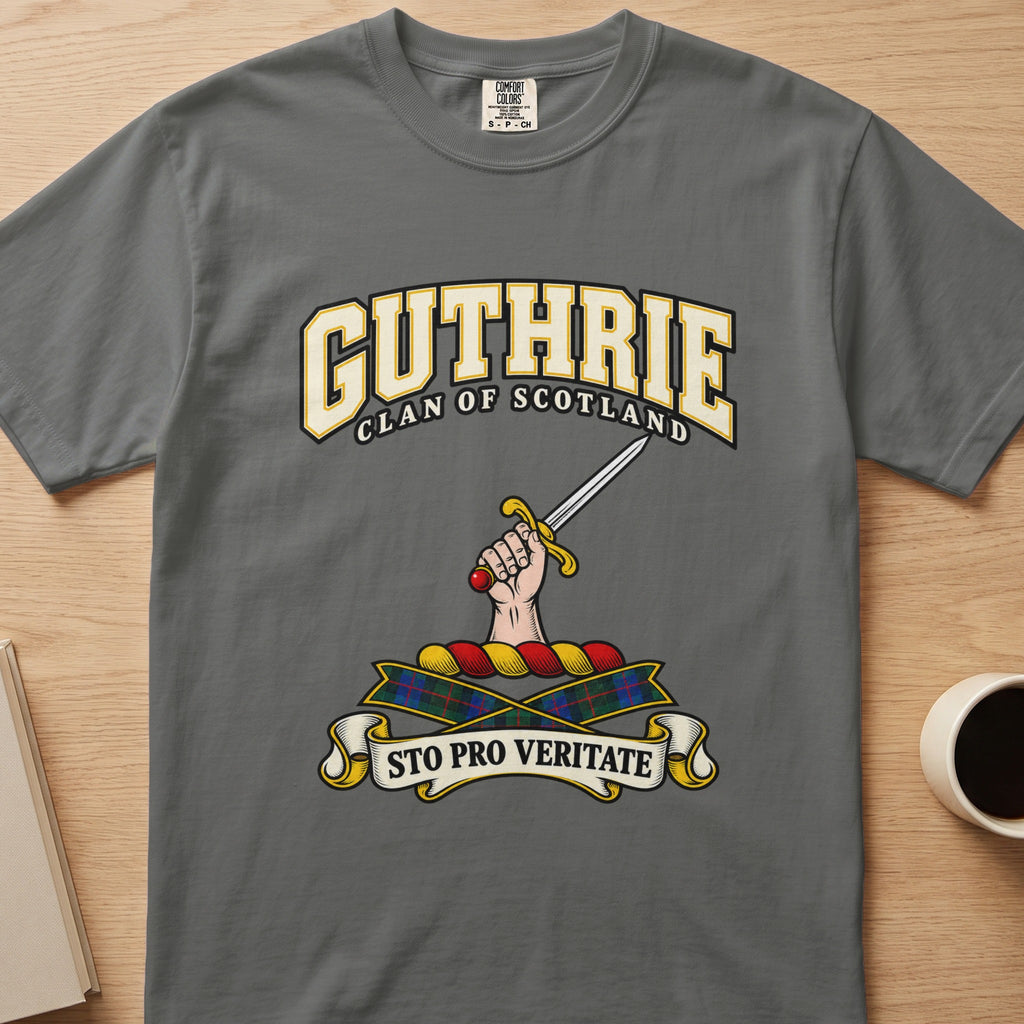 Guthrie clan crest with hand holding a silver sword on a gray Comfort Colors T-shirt, front view