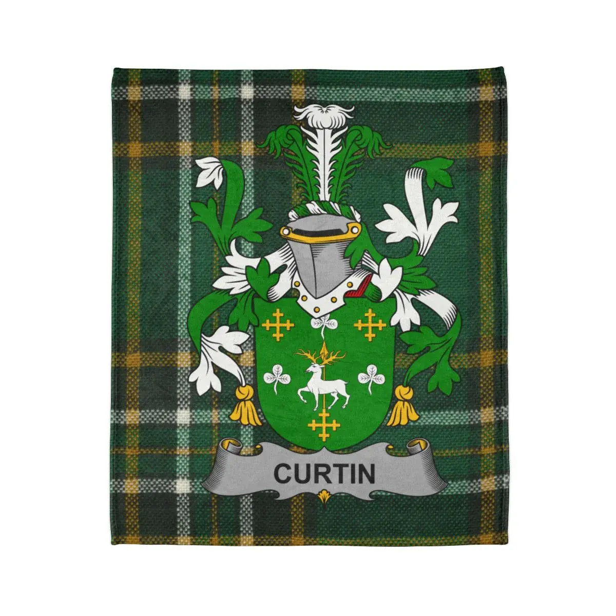 Curtin Family Crest on Green and Plaid Tartan Blanket product