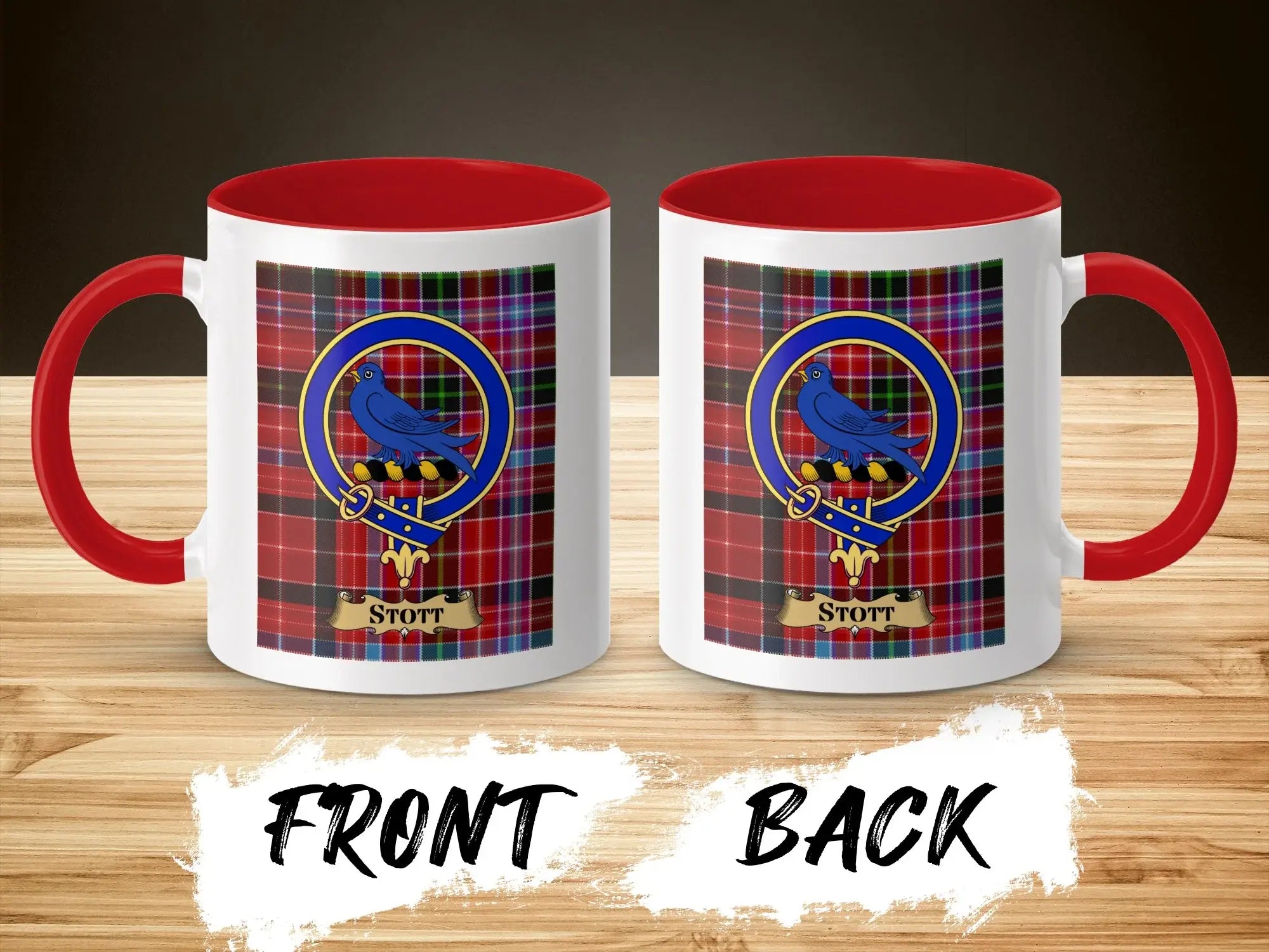 Stott tartan-background crest mug shown as a Scottish heritage gift